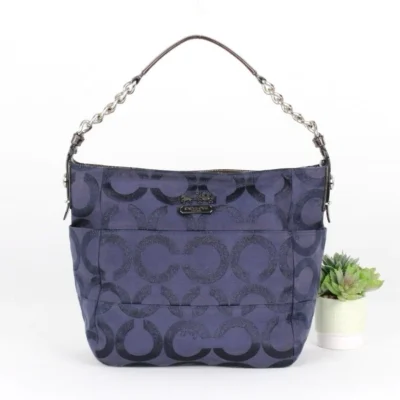Coach Navy Blue Glitter Signature C Canvas Leather Shoulder Bag