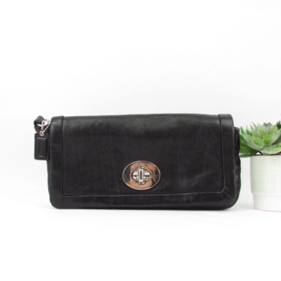 Coach Black Leather Clutch W/ Black Wrist Strap