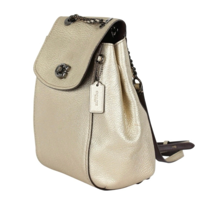 Coach Metallic Gold Turnlock Backpack – Elegant Vintage Leather Bag