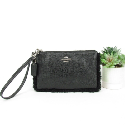 Coach Black Pebbled Leather Wristlet with Shearling Trim